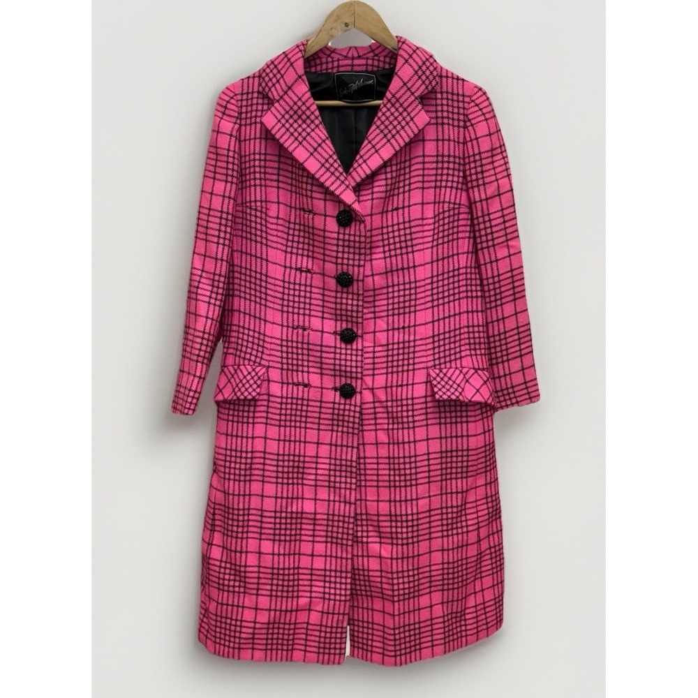 Vintage 1960s Bill Blass Hot Pink Black Plaid Dress Coat Jacket Size 8 ILGWU